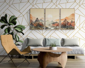 Art centered on sofa with plant on the side in a living room