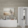 Two Horses Running on the Beach Wall Art - 3x1 Aspect Ratio - Natural Wood Floating Frame Canvas in a Farmhouse Entryway with Shiplap Wall and White Cabinet