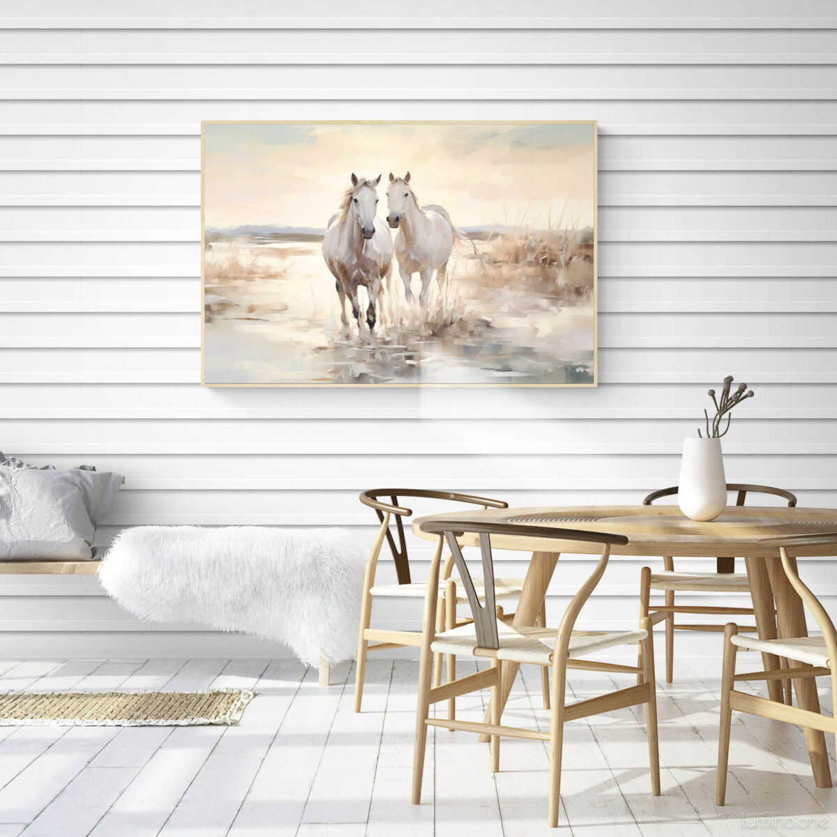 Horses on the Beach Wall Art - 3x2 Aspect Ratio - Natural Wood Floating Frame Canvas in a Scandinavian Dining Room with Minimalist Wooden Table and Chairs and Shiplap Walls