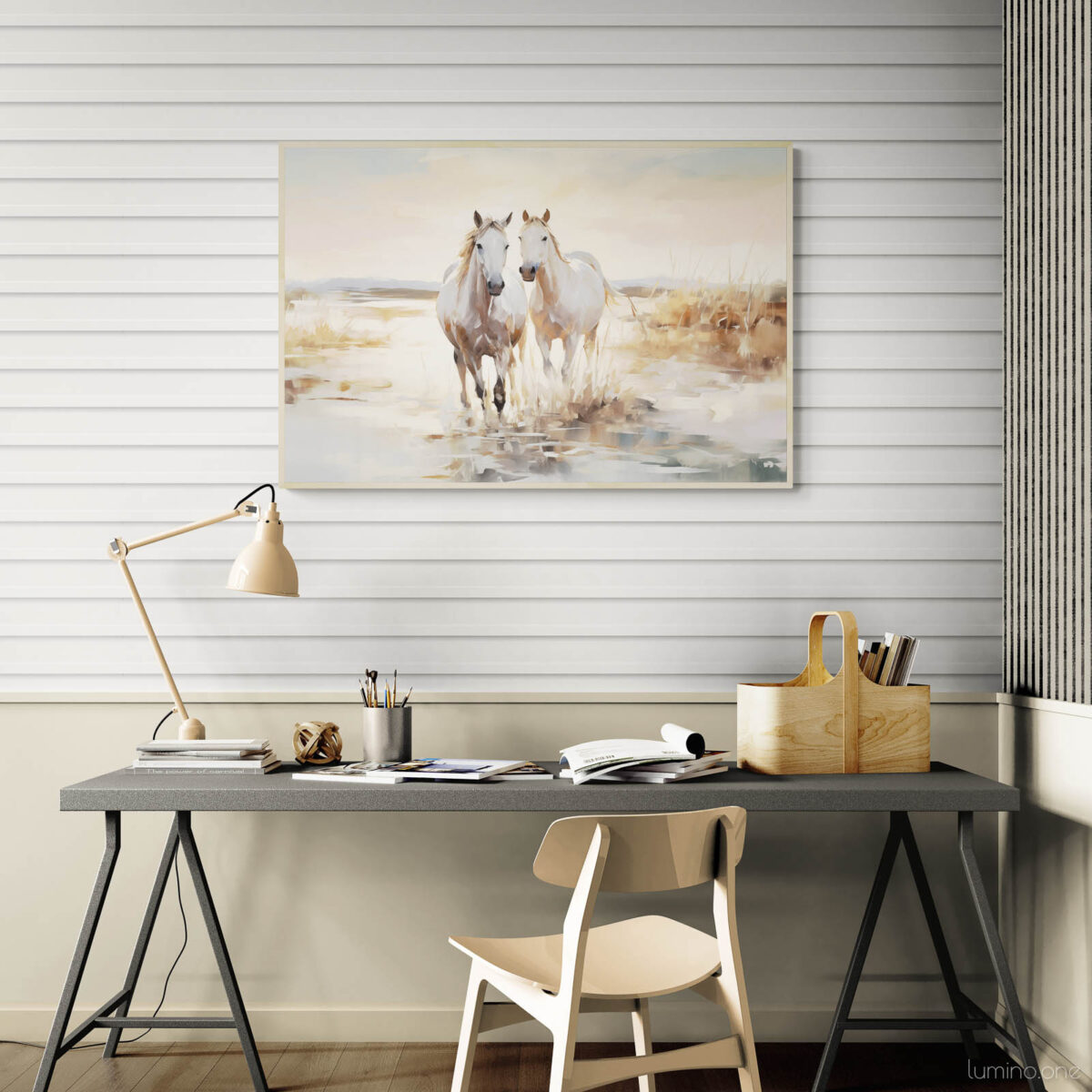 Horses on the Beach Wall Art - 3x2 Aspect Ratio - Natural Wood Floating Frame Canvas over an Office Desk