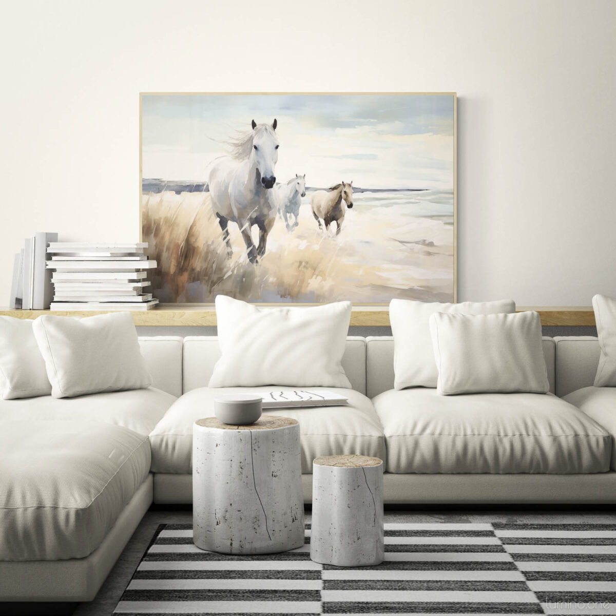 Running Horses on the Beach Wall Art - 3x2 Aspect Ratio - Natural Wood Floating Frame Canvas in a Minimalist Comfy Living Room with Sectional Sofa and Tree Stump Pedestals