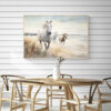 Running Horses on the Beach Wall Art - 3x2 Aspect Ratio - Natural Wood Floating Frame Canvas in a Scandinavian Dining Room with Minimalist Wooden Table and Chairs and Shiplap Walls