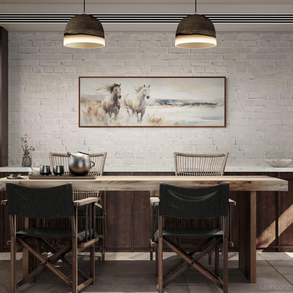 Two Horses Running on the Beach Wall Art - 3x1 Aspect Ratio - Brown Floating Frame in a Rustic Kitchen Bar with Wooden Interior
