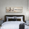 Two Horses Running on the Beach Wall Art - 3x1 Aspect Ratio - Natural Wood Floating Frame - Bedroom with Comfy Bed