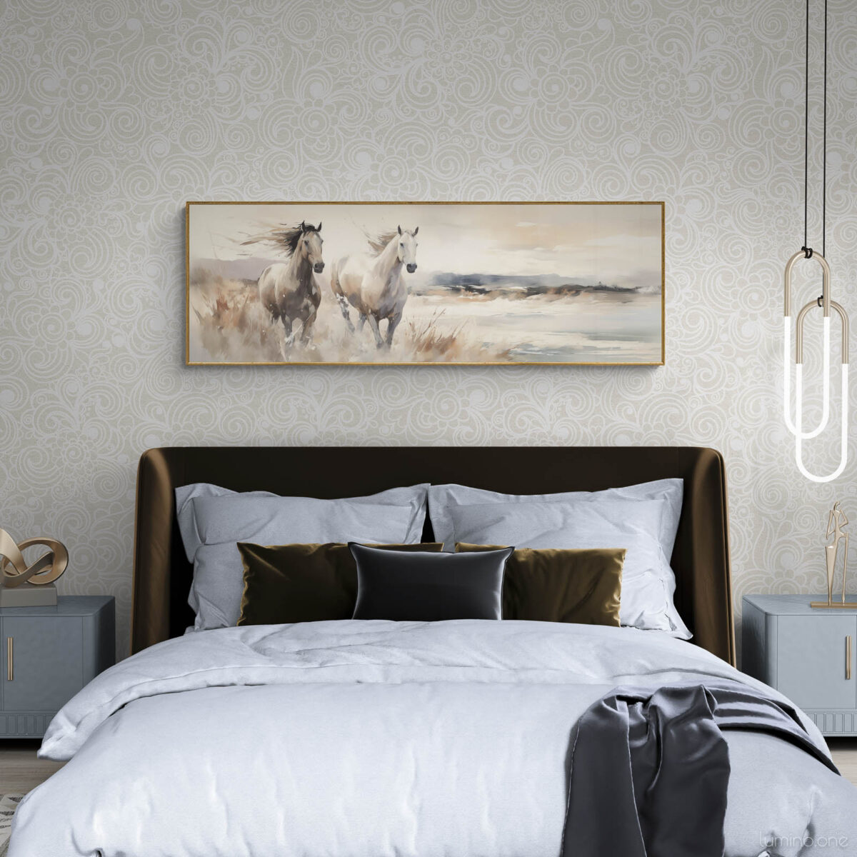 Two Horses Running on the Beach Wall Art - 3x1 Aspect Ratio - Natural Wood Floating Frame - Bedroom with Comfy Bed