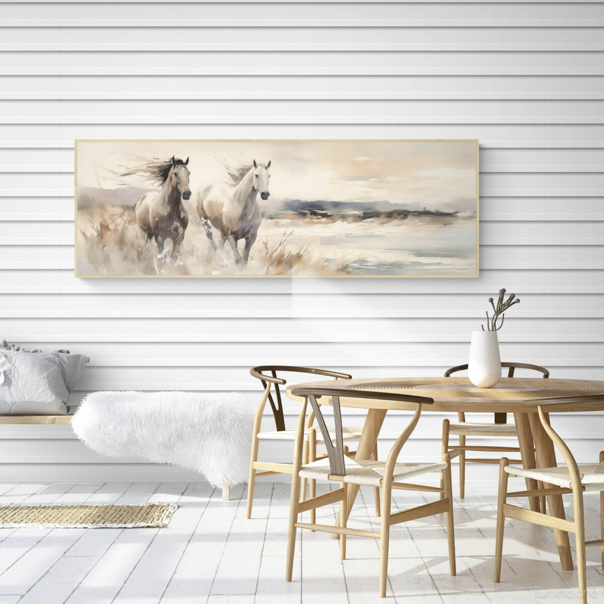 Two Horses Running on the Beach Wall Art - 3x1 Aspect Ratio - Natural Wood Floating Frame Canvas in a Scandinavian Dining Room with Minimalist Wooden Table and Chairs and Shiplap Walls