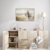 Two Horses Walking on the Beach Wall Art - 3x2 Aspect Ratio - Black Floating Frame Canvas in a Neutral Nursery with Wooden Cabinet
