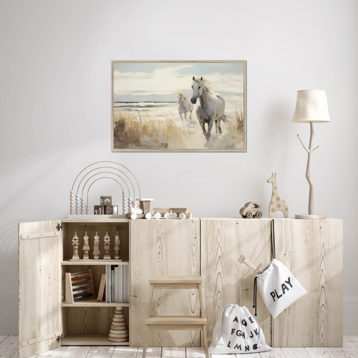 Two Horses Walking on the Beach Wall Art - 3x2 Aspect Ratio - Black Floating Frame Canvas in a Neutral Nursery with Wooden Cabinet