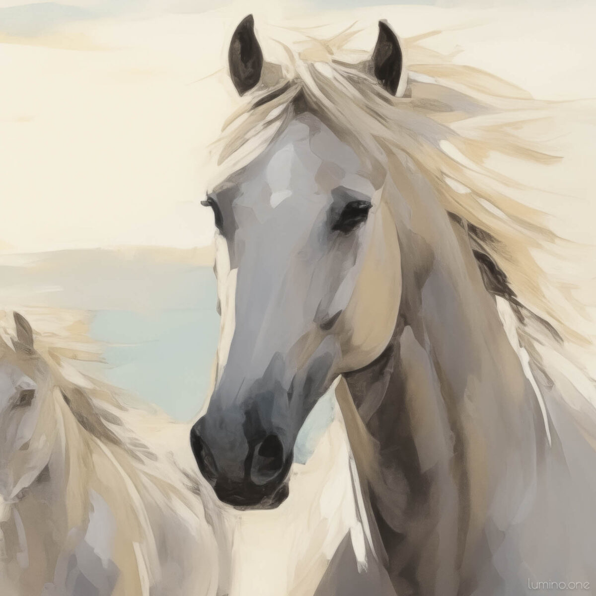Zoomed In Closeup Detail of Two Horses Walking on the Beach Wall Art - 3x2 Aspect Ratio - Floating Frame Canvas
