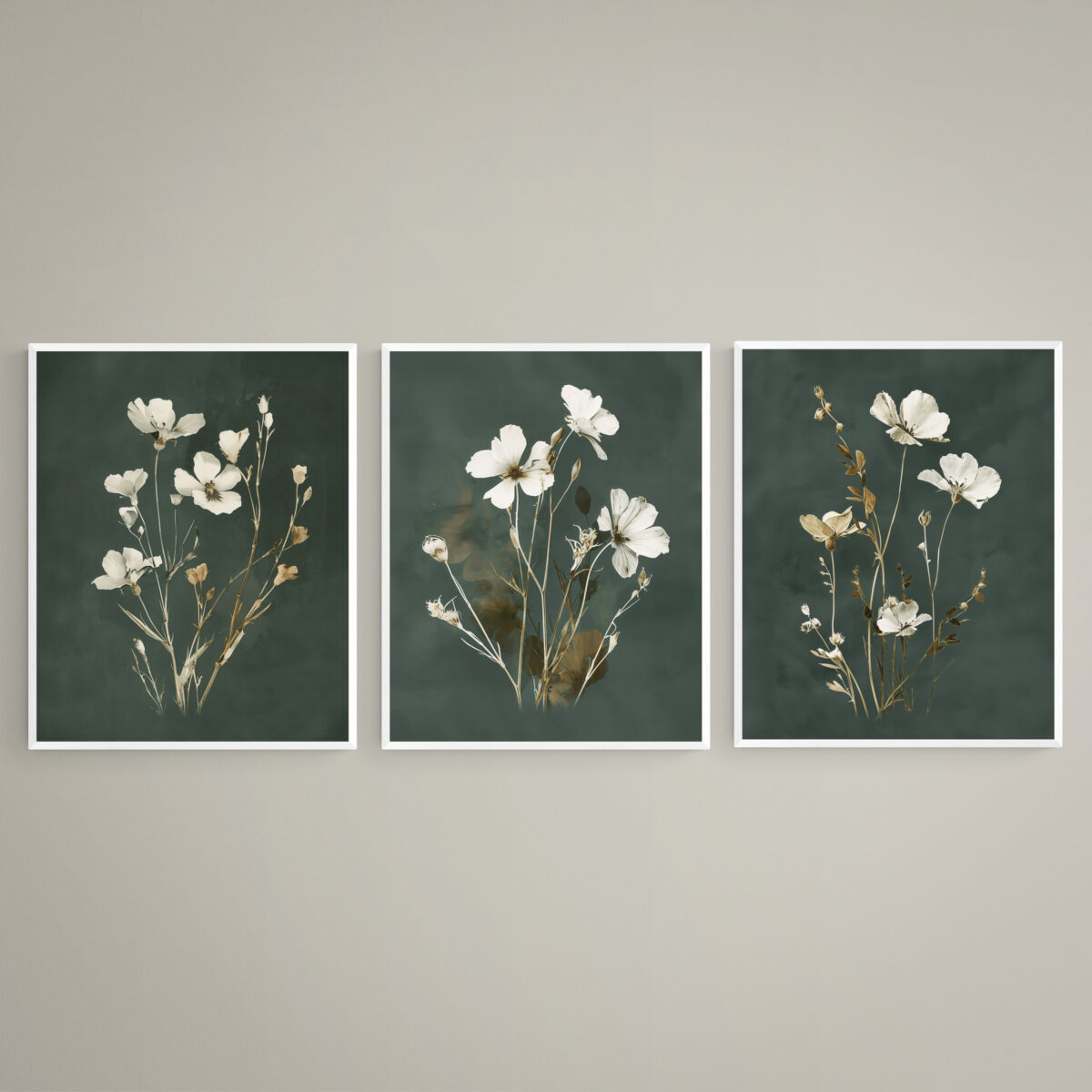 Dark Moody Botanical Wall Art Set of 3, Wild Cosmos Flowers, Dark Green Background, Dark Academia Cottagecore Style, White Frame
