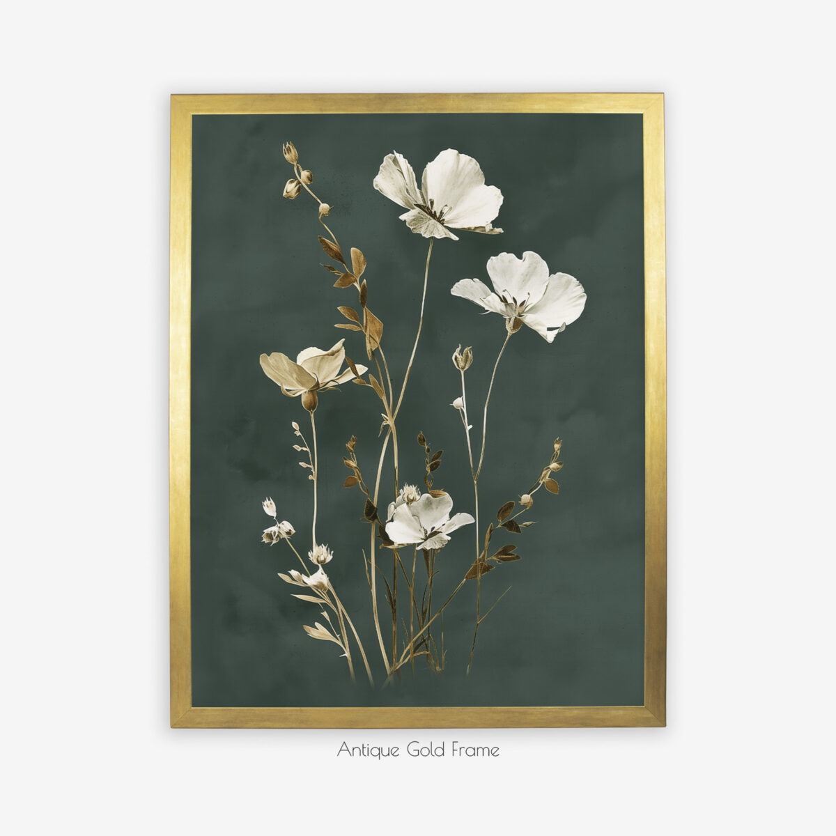 Dark Moody Botanical Wall Art Set of 3, Wild Cosmos Flowers, Dark Green Background, Dark Academia Cottagecore Style, Antique Gold Frame