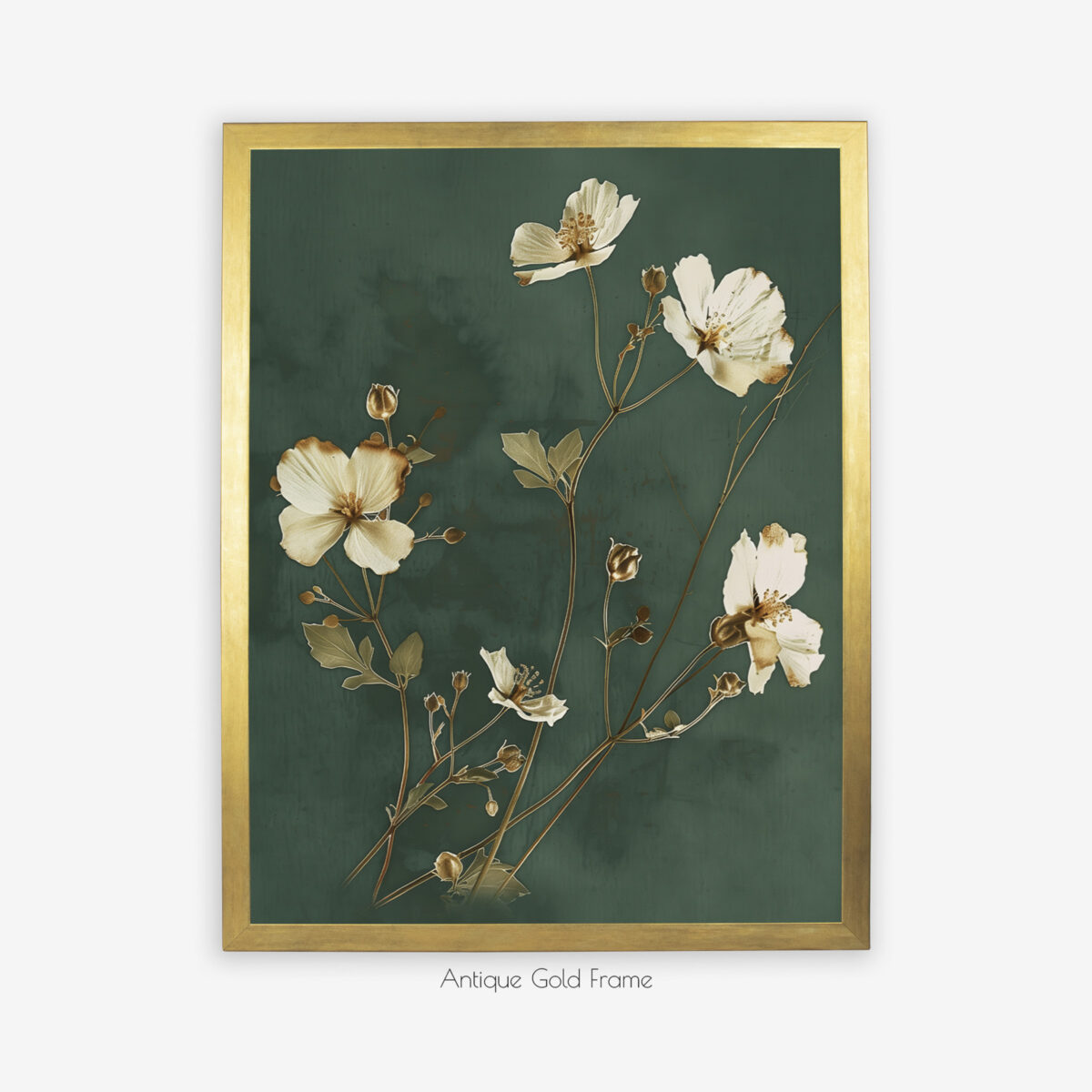 Dark Moody Botanical Wall Art Set of 3, Wild Cosmos Flowers, Dark Green Background, Dark Academia Cottagecore Style, Antique Gold Frame