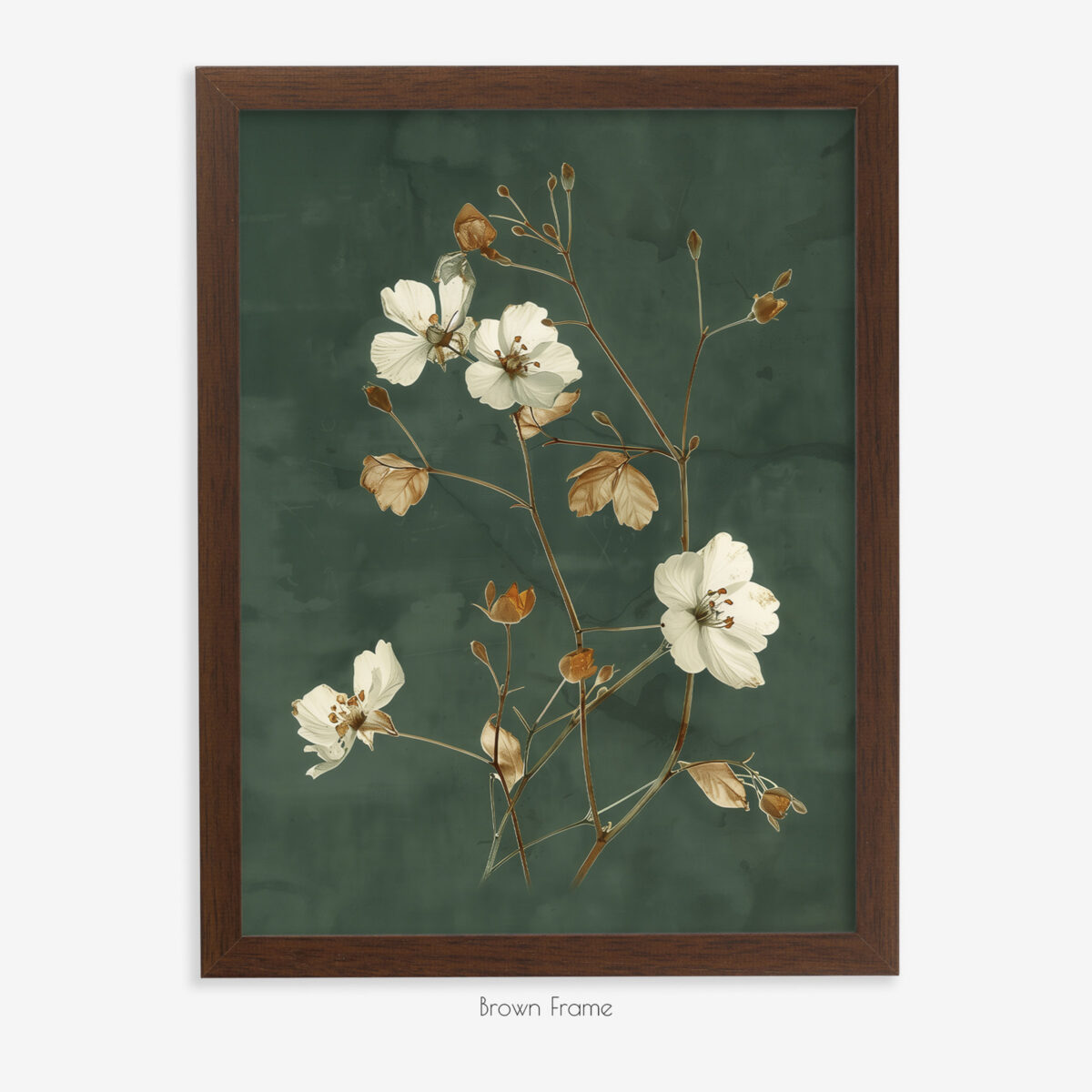 Dark Moody Botanical Wall Art Set of 3, Wild Cosmos Flowers, Dark Green Background, Dark Academia Cottagecore Style, Brown Frame
