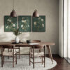 Dark Moody Botanical Wall Art Set of 3, Wild Cosmos Flowers, Dark Green Background, Dark Academia Cottagecore Style in a Dining Room