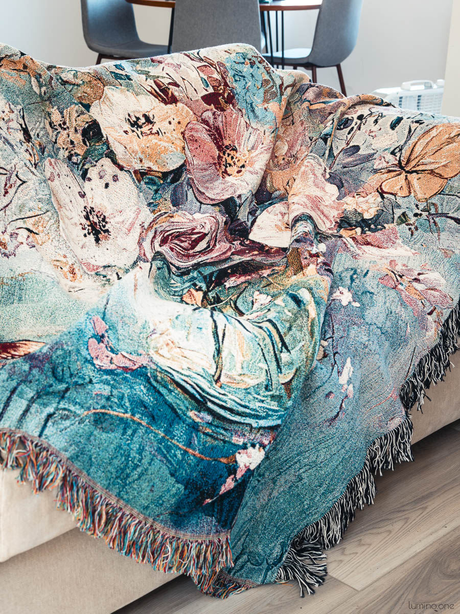 Floral Jacquard Woven Cotton Blanket and Wall Tapestry with Fringe - Flowers in a Vase Art