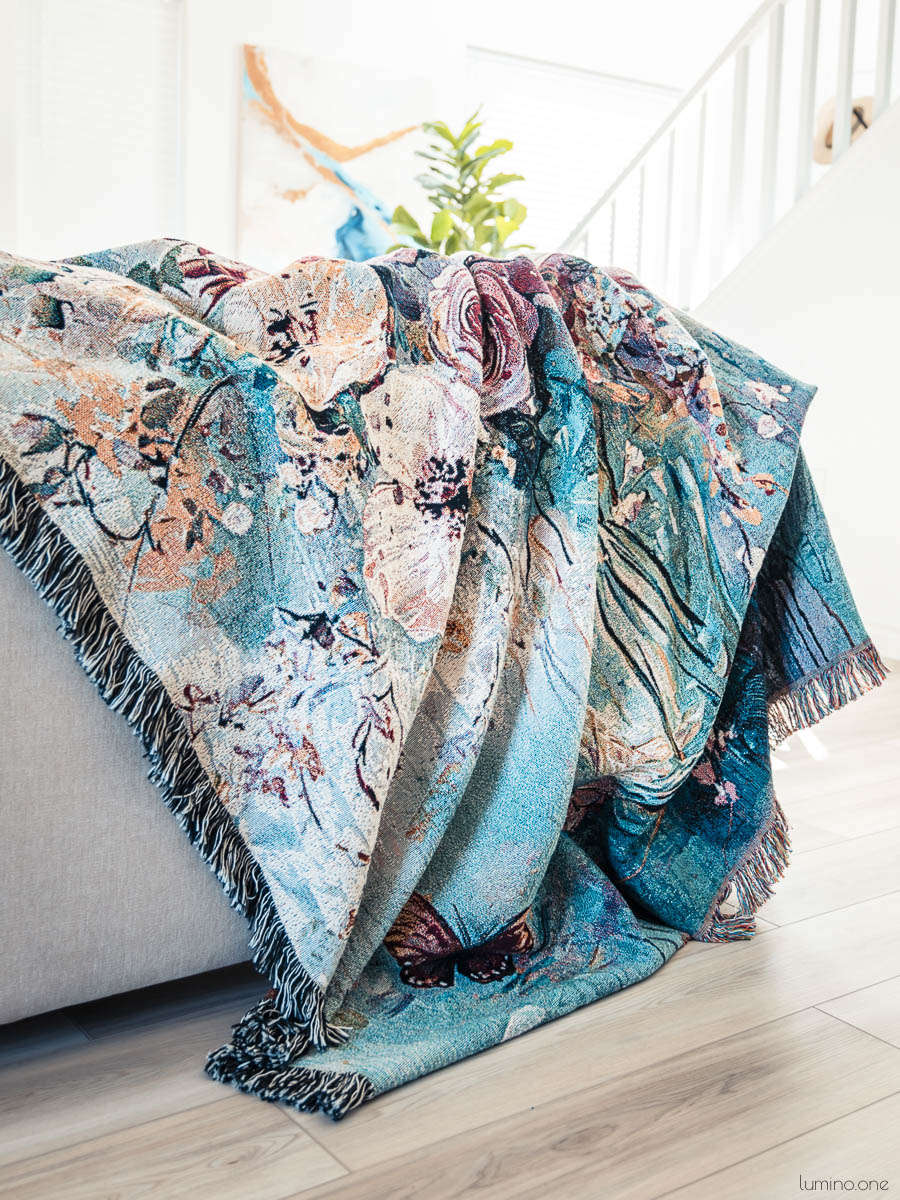 Floral Jacquard Woven Cotton Blanket and Wall Tapestry with Fringe - Flowers in a Vase Art