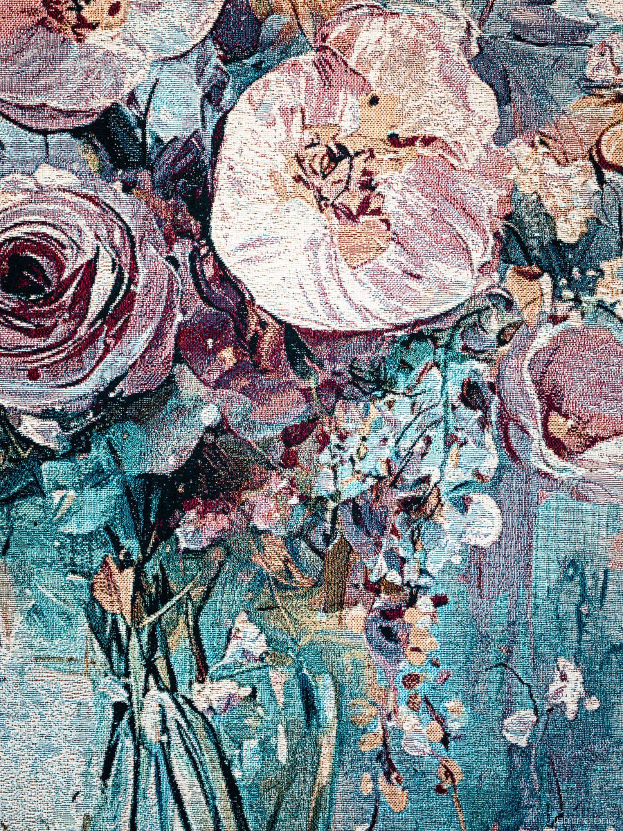 Floral Jacquard Woven Cotton Blanket and Wall Tapestry with Fringe - Flowers in a Vase Art