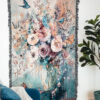 Floral Jacquard Woven Cotton Blanket and Wall Tapestry with Fringe - Flowers in a Vase Art