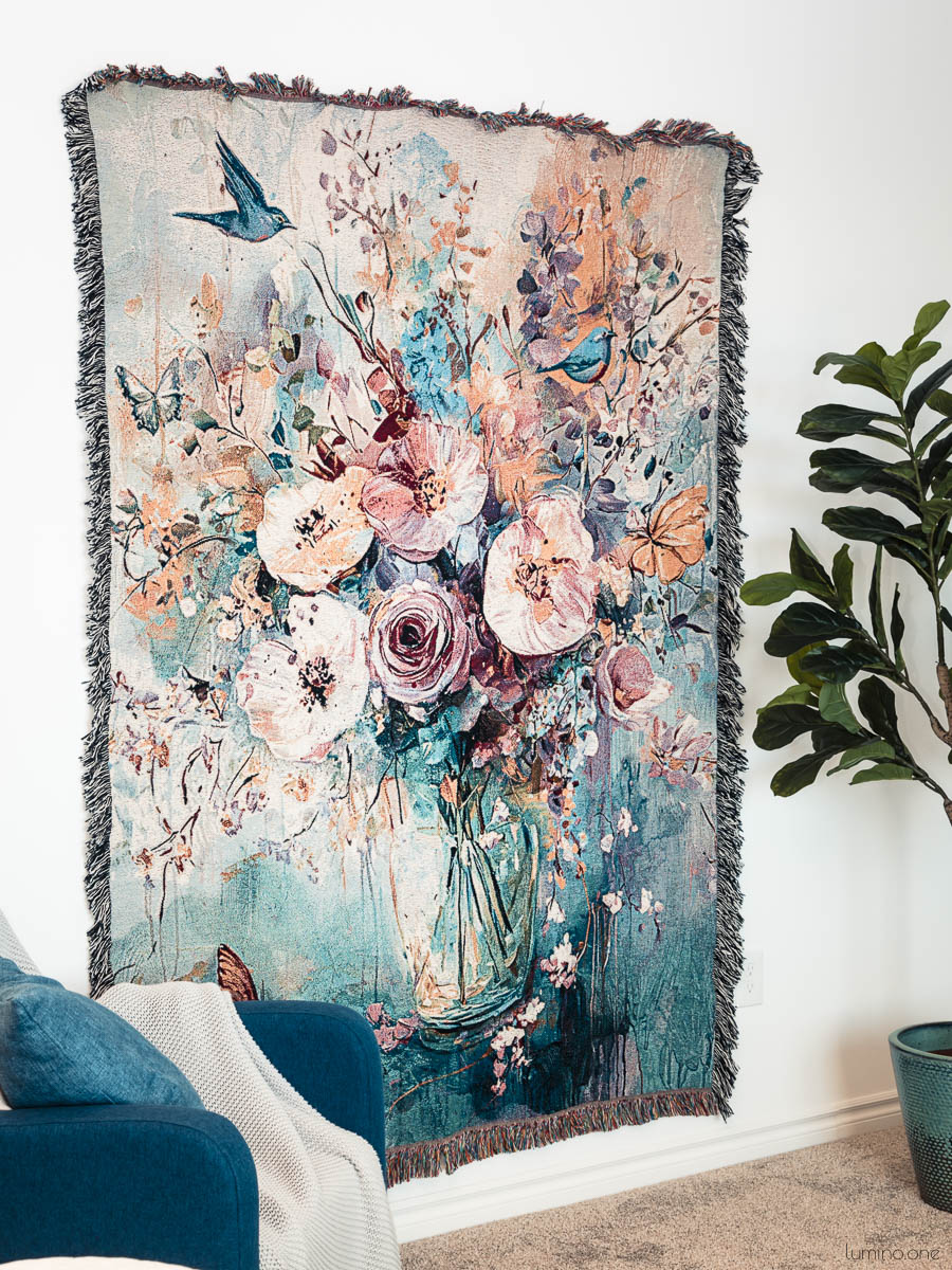 Floral Jacquard Woven Cotton Blanket and Wall Tapestry with Fringe - Flowers in a Vase Art
