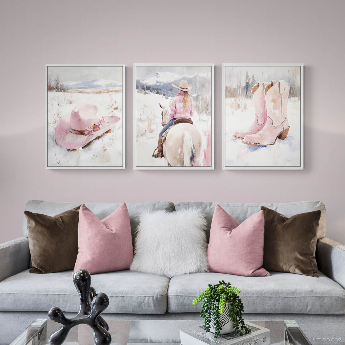 Pink Winter Cowgirl Painting - Set of 3 - Cozy Living Room with Comfy Sofa - Pink Cowboy Hat, Boots and Girl Riding on a Horse
