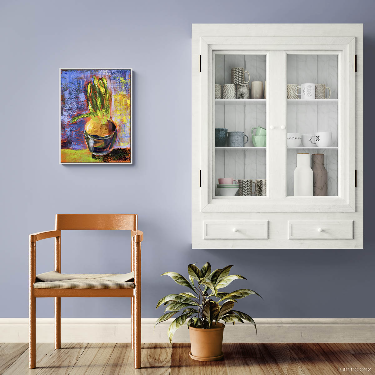 Plant painting in white frame displayed on soft blue wall in dining area near white display cabinet with mugs. Impressionist style potted plant artwork with vibrant purple and yellow background, paired with wooden chair and potted houseplant. Modern botanical wall art perfect for breakfast nook, kitchen, dining room or coffee station area. Colorful kitchen decor that complements Scandinavian or contemporary home style.