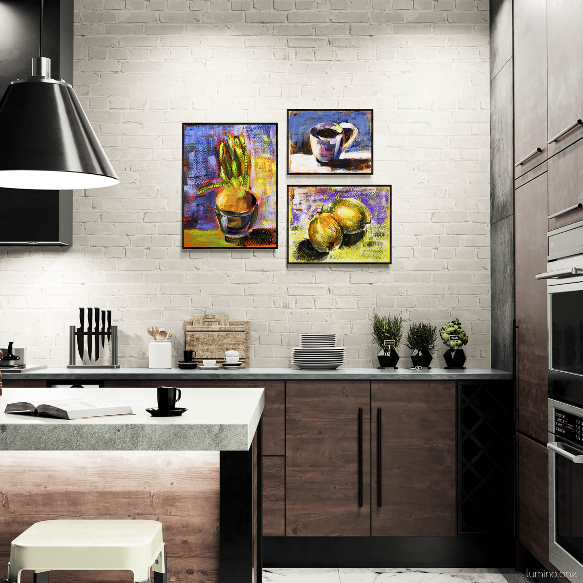 Kitchen wall art collection with three impressionist paintings in black frames arranged on white brick wall. Gallery wall featuring botanical plant, coffee cup, and lemon artwork with coordinating purple and yellow backgrounds. Modern industrial kitchen with dark wood cabinets, concrete countertops, black pendant light, and herb plants. Perfect for contemporary kitchen decor, dining room wall art, or coffee bar gallery wall in farmhouse modern style.