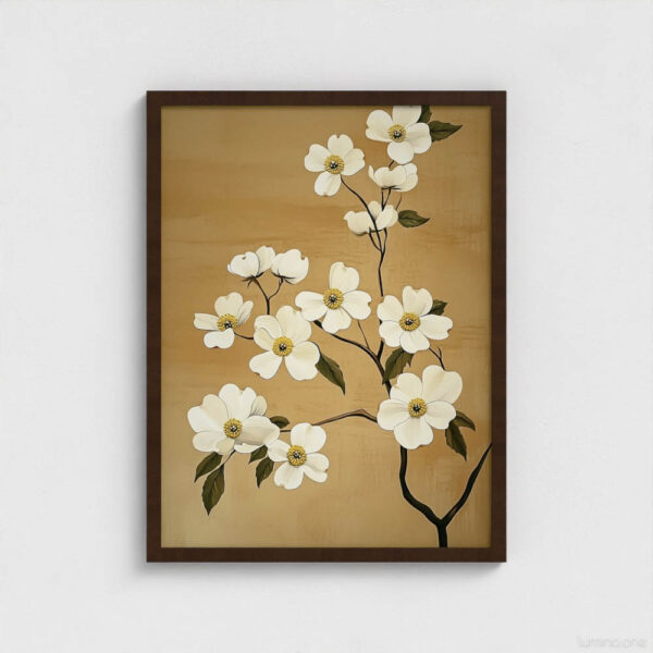 Botanical wall art featuring delicate white flowers with yellow centers on graceful branches against warm tan background, displayed in classic brown wooden frame. Elegant floral print with dark green leaves creates timeless nature-inspired home decor perfect for living rooms, bedrooms, or dining areas with neutral color schemes.