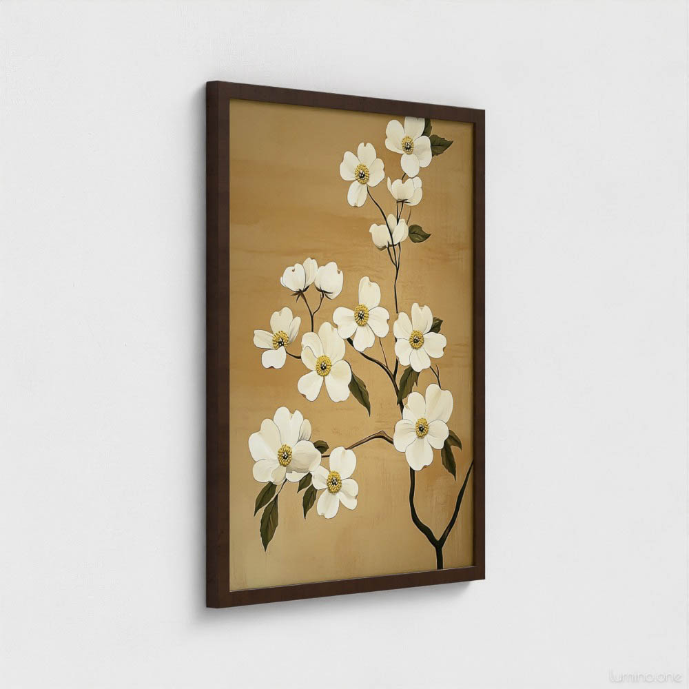 Botanical wall art featuring delicate white flowers with yellow centers on graceful branches against warm tan background, displayed in classic brown wooden frame. Elegant floral print with dark green leaves creates timeless nature-inspired home decor perfect for living rooms, bedrooms, or dining areas with neutral color schemes.