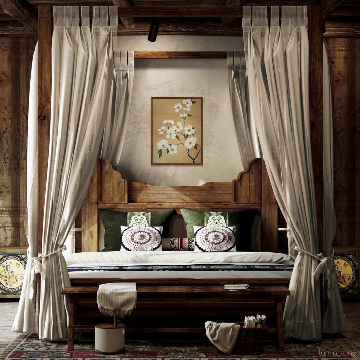 White floral art print on warm tan background displayed above rustic wooden canopy bed with linen curtains. Cozy farmhouse bedroom featuring natural wood elements, cream walls, green accent pillows with embroidered details, and vintage-inspired textiles creating a peaceful retreat atmosphere.
