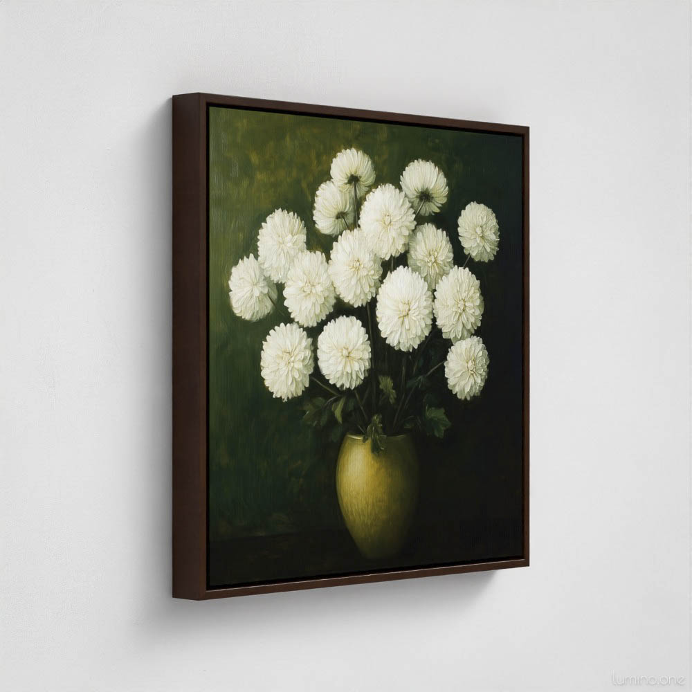 White Chrysanthemum Oil Painting - Dark Green Background with Gold Vase - Moody Floral Canvas Print - Bedroom Wall Art - Gallery Wrapped Canvas Brown Float Frame Side View