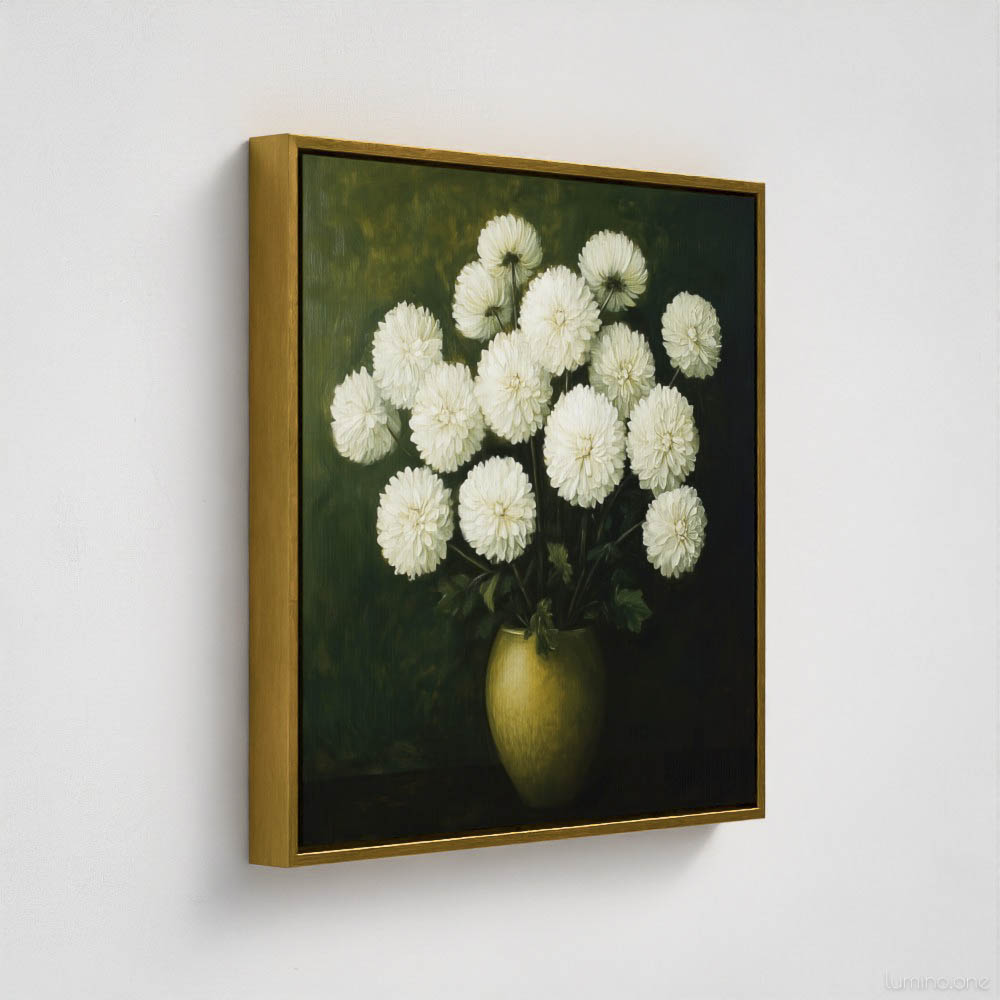 White Chrysanthemum Oil Painting - Dark Green Background with Gold Vase - Moody Floral Canvas Print - Bedroom Wall Art - Gallery Wrapped Canvas Gold Float Frame Side View