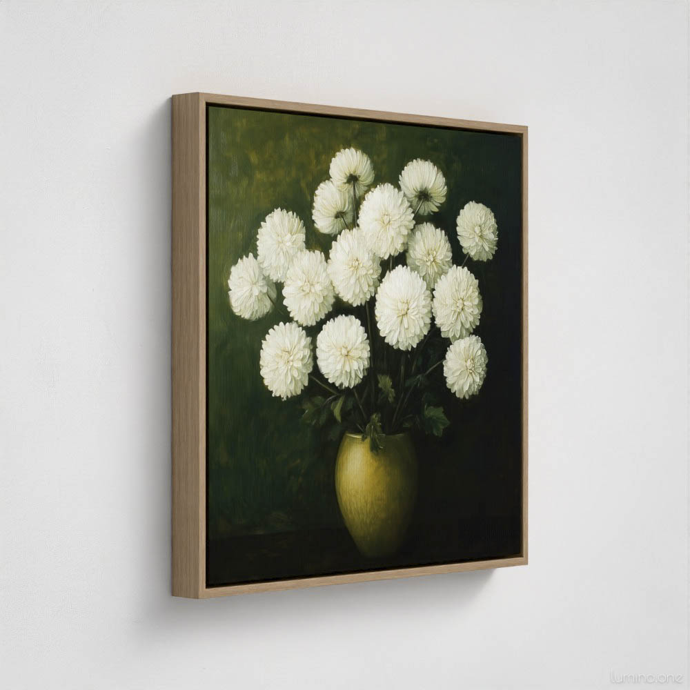 White Chrysanthemum Oil Painting - Dark Green Background with Gold Vase - Moody Floral Canvas Print - Bedroom Wall Art - Gallery Wrapped Canvas Natural Wood Float Frame Side View