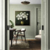 White Chrysanthemum Oil Painting - Dark Green Background with Gold Vase - Moody Floral Canvas Print - Home Office Wall Art