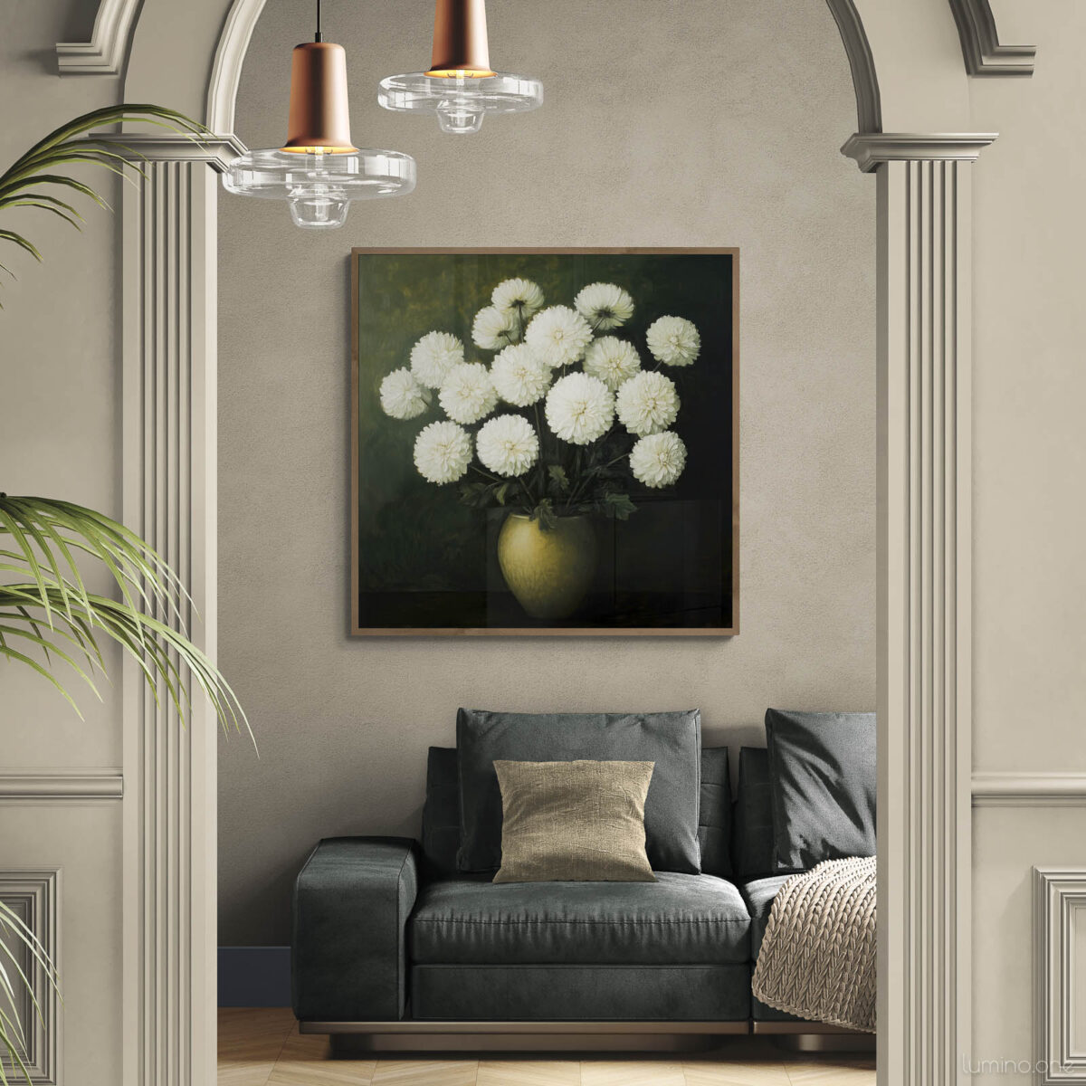 White Chrysanthemum Oil Painting - Dark Green Background with Gold Vase - Moody Floral Canvas Print - Living Room with an Arched Entrance
