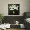 White Chrysanthemum Oil Painting - Dark Green Background with Gold Vase - Moody Floral Canvas Print - Moody Bedroom Wall Art