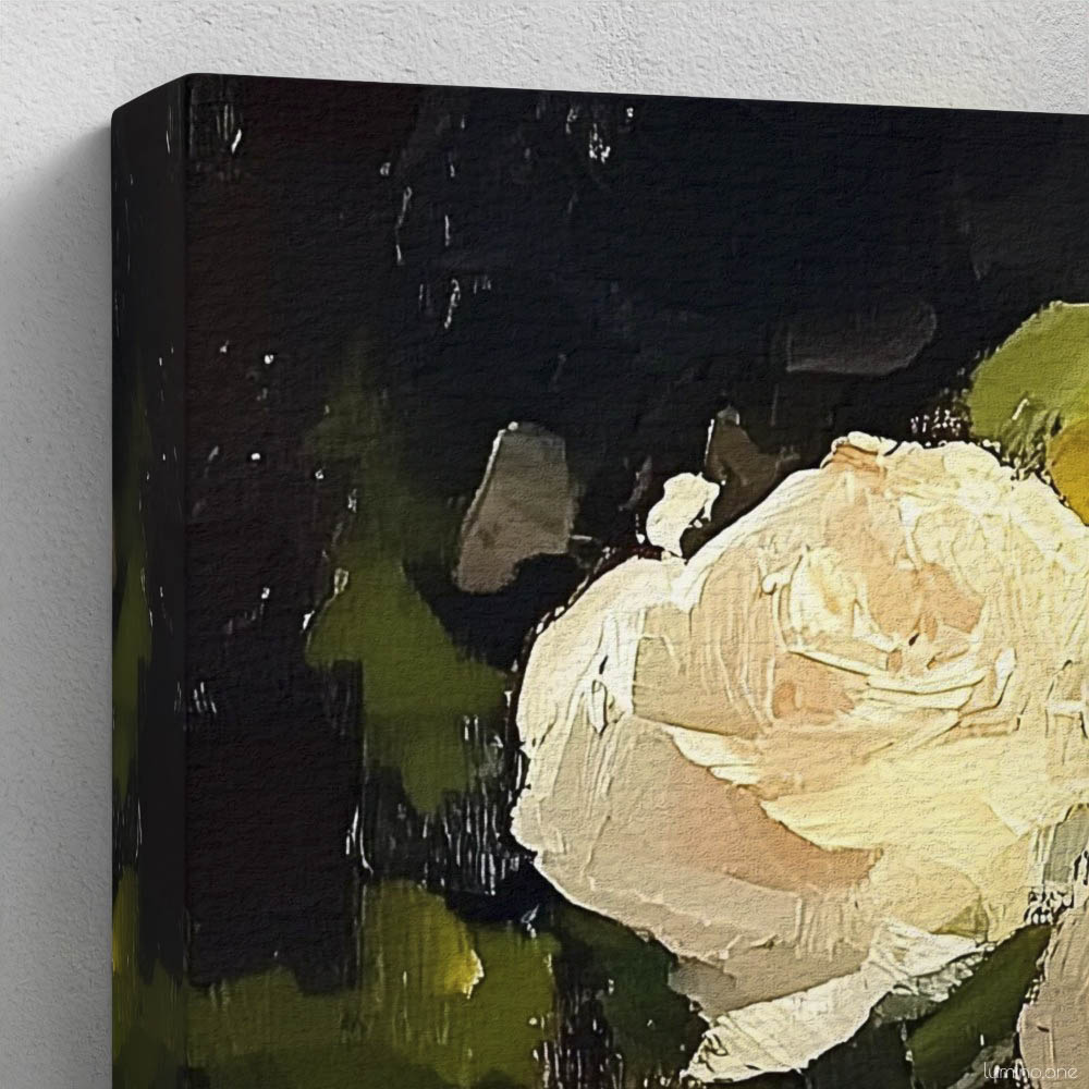 Still life oil painting canvas print featuring white roses in a blue ceramic vase with fresh green apple and dark plums on wooden table, shown as unframed canvas print against white background