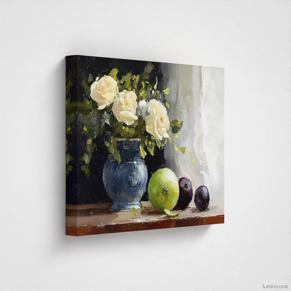 Still life oil painting canvas print featuring white roses in a blue ceramic vase with fresh green apple and dark plums on wooden table, shown as unframed canvas print against white background