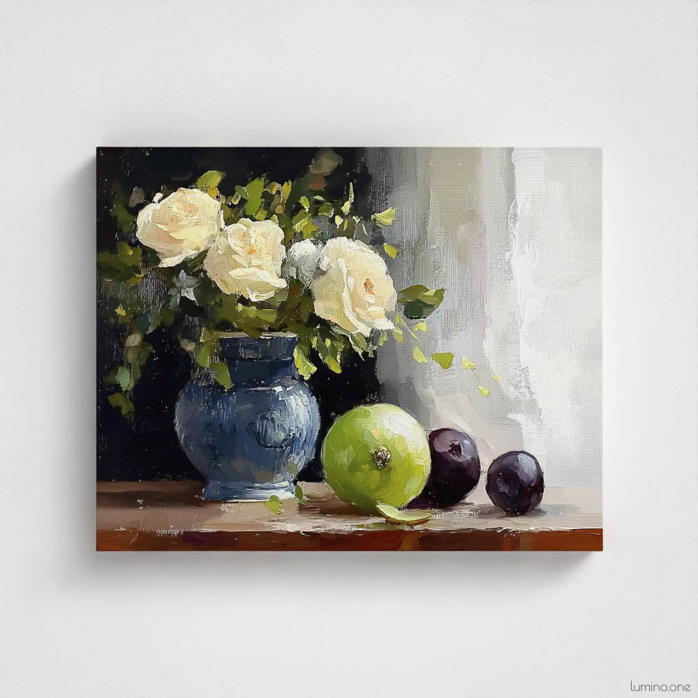 Still life oil painting canvas print featuring white roses in a blue ceramic vase with fresh green apple and dark plums on wooden table, shown as unframed canvas print against white background