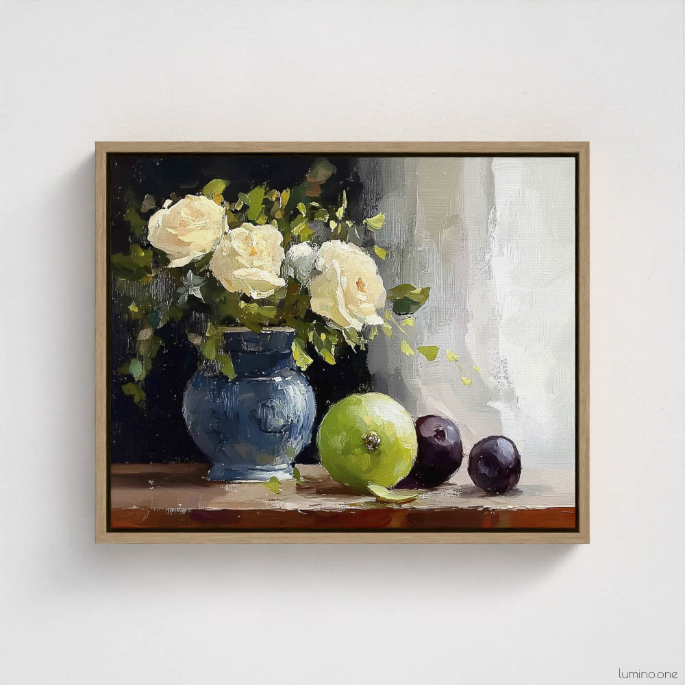 Still life oil painting framed canvas print featuring white roses in a blue ceramic vase with fresh green apple and dark plums on wooden table, displayed in natural wood floating frame against white background
