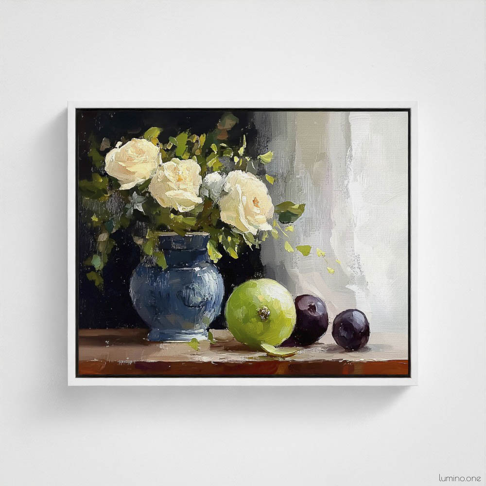 Still life oil painting framed canvas print featuring white roses in a blue ceramic vase with fresh green apple and dark plums on wooden table, displayed in white floating frame against white background
