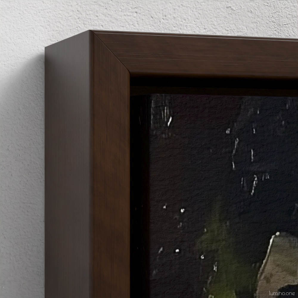 Still life oil painting framed canvas print featuring white roses in a blue ceramic vase with fresh green apple and dark plums on wooden table, displayed in brown floating frame against white background