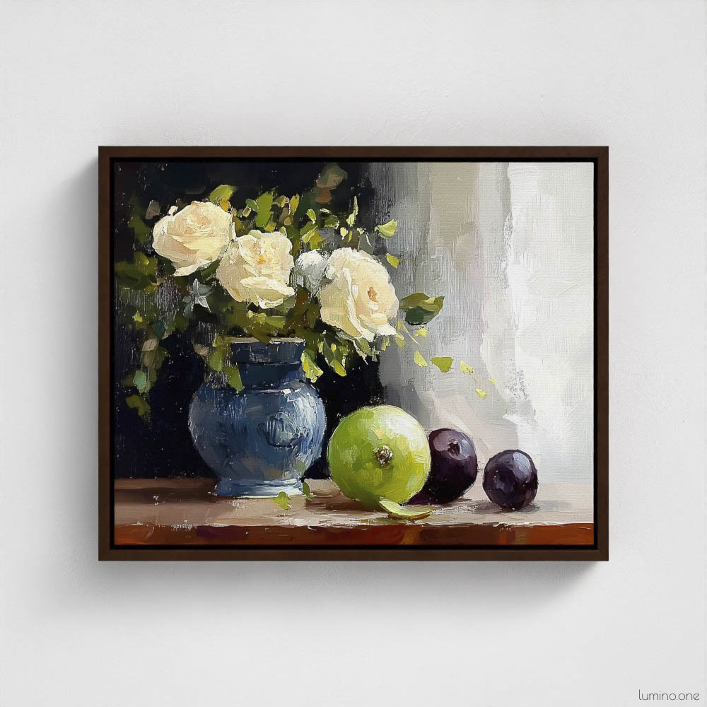 Still life oil painting framed canvas print featuring white roses in a blue ceramic vase with fresh green apple and dark plums on wooden table, displayed in brown floating frame against white background
