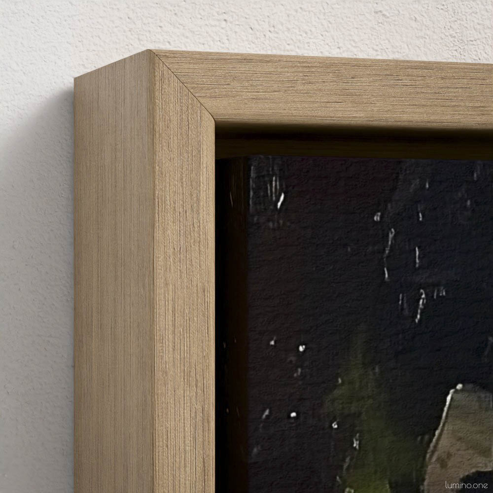 Still life oil painting framed canvas print featuring white roses in a blue ceramic vase with fresh green apple and dark plums on wooden table, displayed in natural wood floating frame against white background