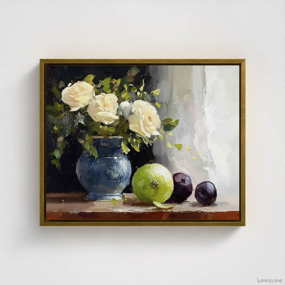 Still life oil painting framed canvas print featuring white roses in a blue ceramic vase with fresh green apple and dark plums on wooden table, displayed in antique gold floating frame against white background