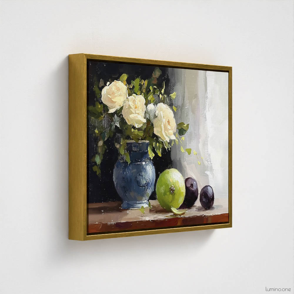 Still life oil painting framed canvas print featuring white roses in a blue ceramic vase with fresh green apple and dark plums on wooden table, displayed in antique gold floating frame against white background