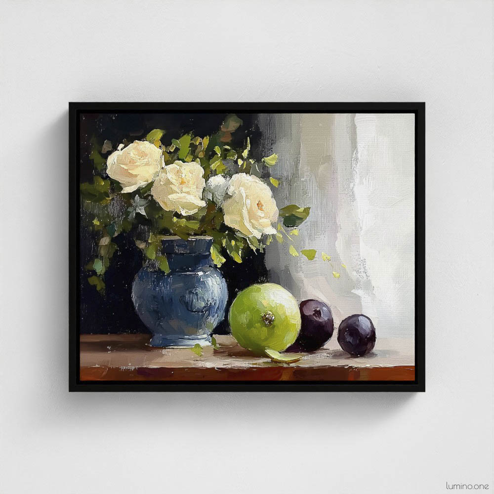 Still life oil painting framed canvas print featuring white roses in a blue ceramic vase with fresh green apple and dark plums on wooden table, displayed in black floating frame against white background