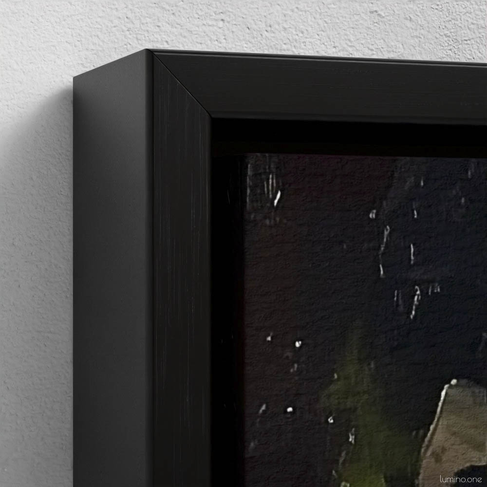 Still life oil painting framed canvas print featuring white roses in a blue ceramic vase with fresh green apple and dark plums on wooden table, displayed in black floating frame against white background