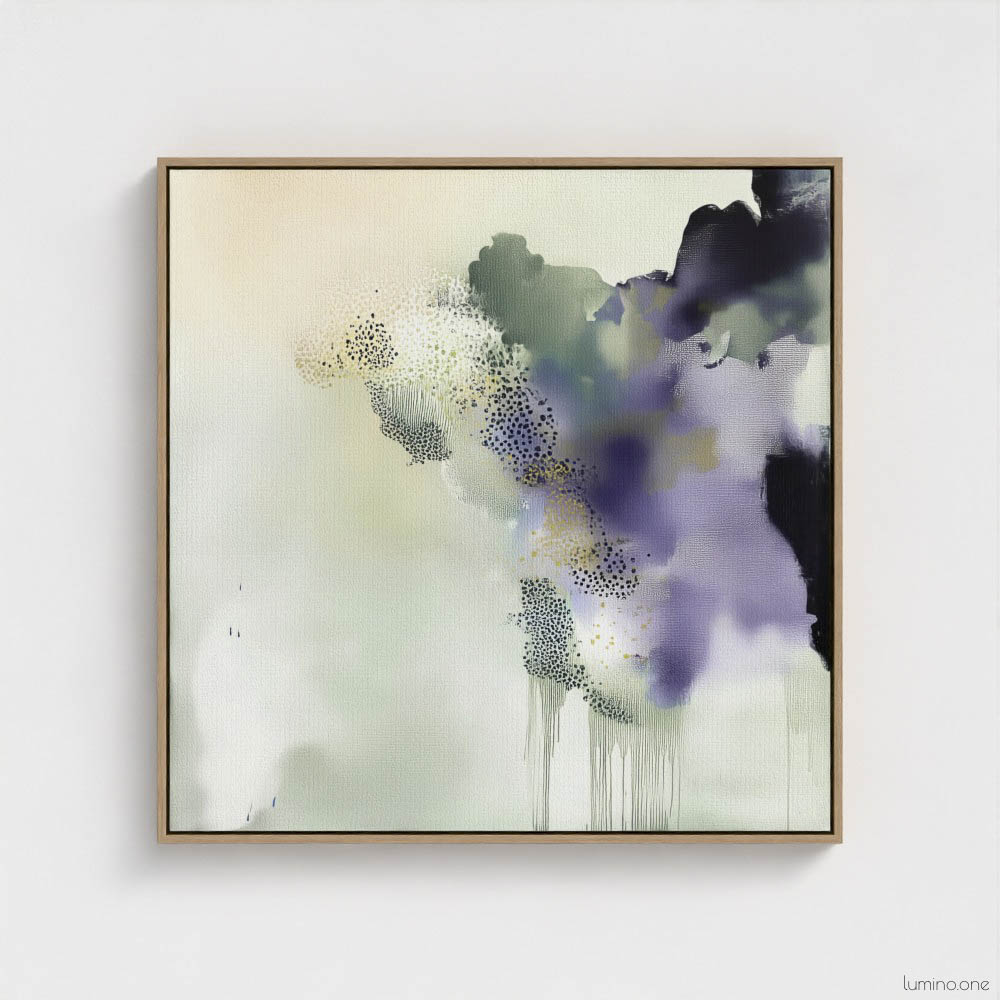 Sage green and purple abstract washes wall art in a biophilic style, in a natural wood floating frame canvas print