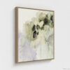 Sage green and purple abstract washes wall art in a biophilic style, in a natural wood floating frame canvas print