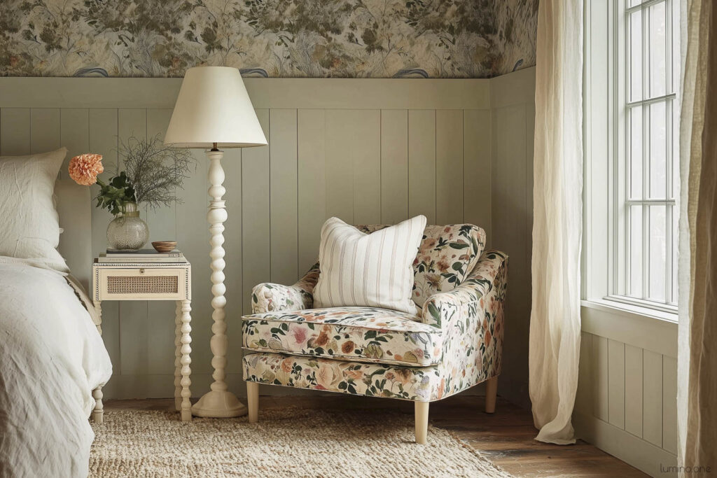 Floral Reading Chair with Exposed Beam Ceiling and Botanical Wallpaper in Rustic Cottage Bedroom